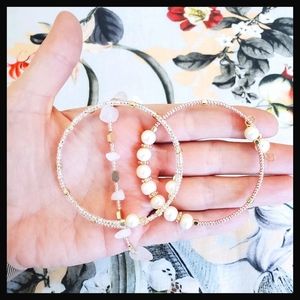 Rose Quartz & Pearl Bangle set -3 pack- Rose Gold